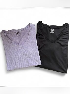 Set of 2 V-Neck 100% Polyester Short Sleeve Tees in Black & Lavender